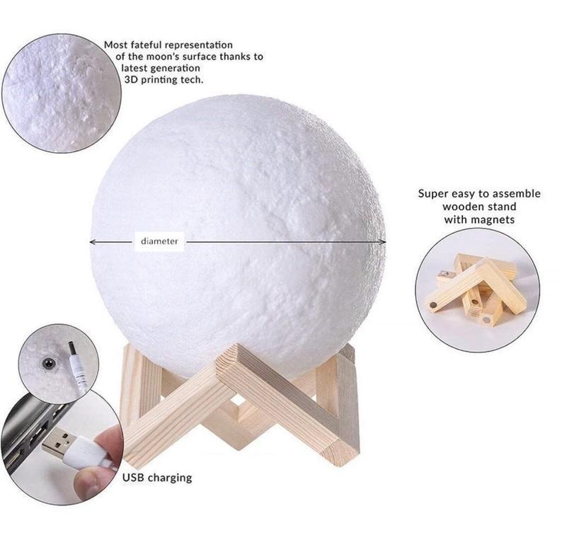 Lampe de Lune Photo & Gravée par Impression 3D Personnalisée - Toucher 2 couleurs(10cm-20cm)